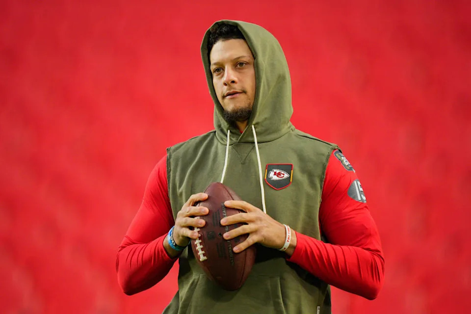 Kansas City Chiefs quarterback Patrick Mahomes looks on prior to a game at GEHA Field at Arrowhead Stadium.