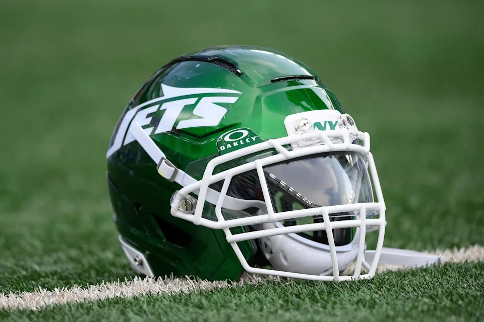 Aug 16, 2025; East Rutherford, New Jersey, USA; General view of a New York Jets helmet prior to the game against the New York Giants at MetLife Stadium. Mandatory Credit: Rich Barnes-Imagn Images