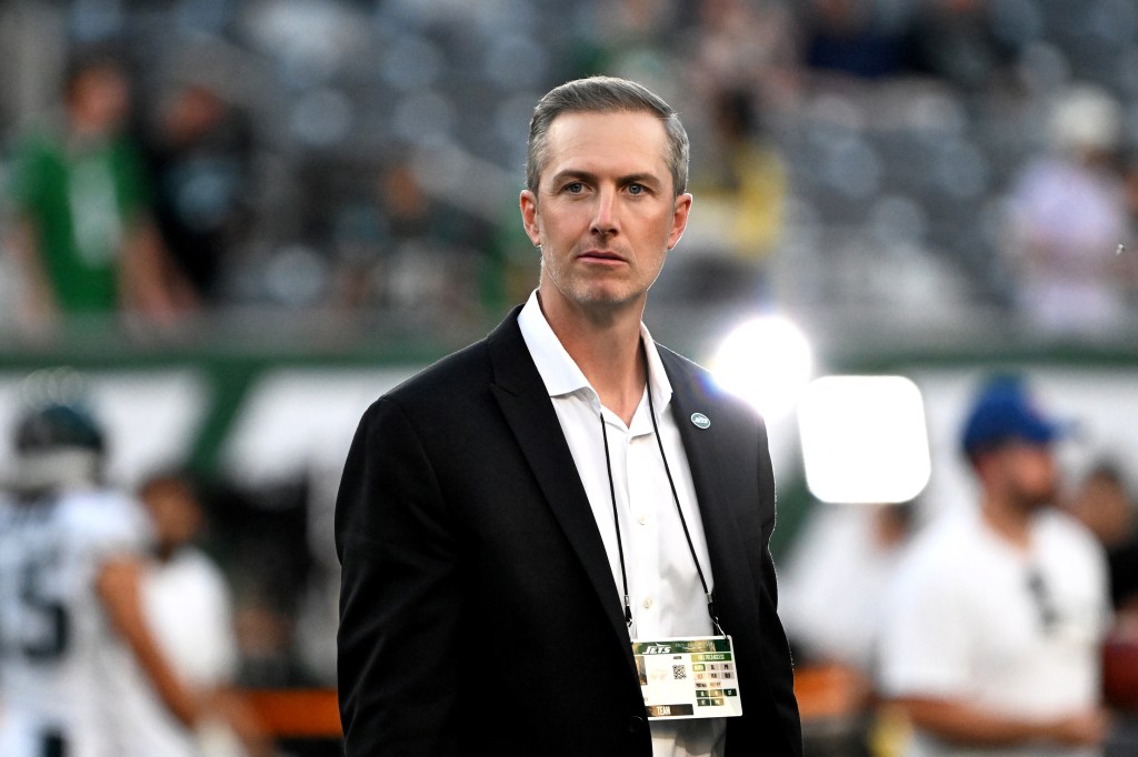 Jets general manager Darren Mougey looks on before the Jets and Philadelphia Eagles preseason game in East Rutherford, NJ. 