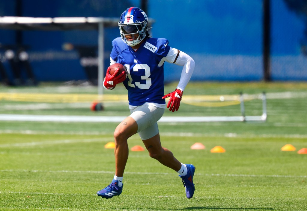 New York Giants wide receiver Jalin Hyatt (13) runs after catching the ball during practice, Friday, Sept. 5, 2025, in East Rutherford, N.J. 