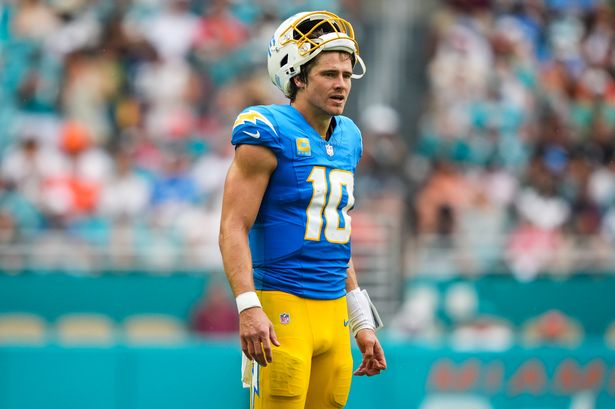 Los Angeles Chargers quarterback Justin Herbert looking disappointed
