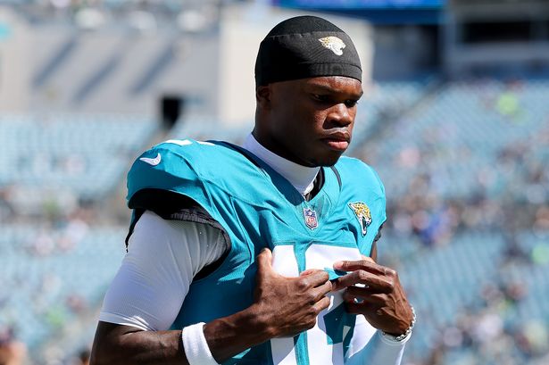 Travis Hunter #12 of the Jacksonville Jaguars warms up prior to the game against the Seattle Seahawks at EverBank Stadium on October 12, 2025 in Jacksonville, Florida
