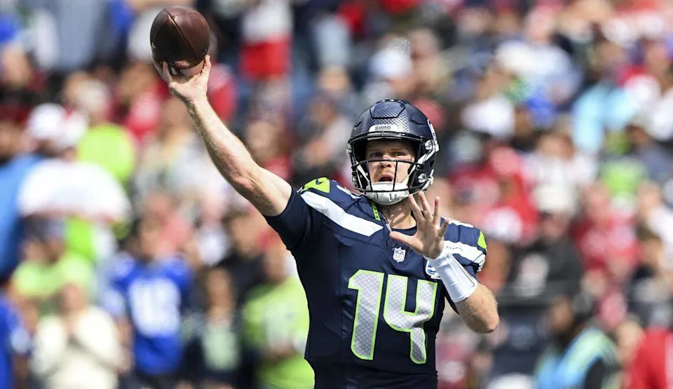 Seattle Seahawks quarterback Sam Darnold (14) throws during the first quarter of the game against the San Francisco 49ers at Lumen Field, on Sunday, Sept. 7, 2025, in Seattle. Brian Hayes/bhayes@thenewstribune.com
