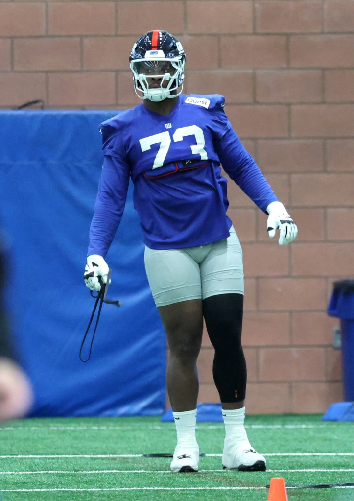  New York Giants offensive tackle Evan Neal #73, during practice at the New York Giants training facility in East Rutherford, New Jersey