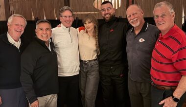 Taylor Swift joined fiancée Travis Kelce at his steakhouse - along with her father, Scott, Travis' uncle, Don, and many of Don's college friends for a little reunion after Sunday's game