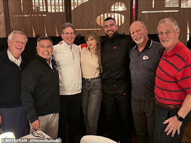 Taylor Swift joined fiancée Travis Kelce at his steakhouse - along with her father, Scott, Travis' uncle, Don, and many of Don's college friends for a little reunion after Sunday's game
