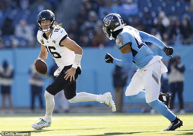 The now 2-10 Tennessee Titans were also dumped out of the postseason after losing to Trevor Lawrence (left) and the Jacksonville Jaguars