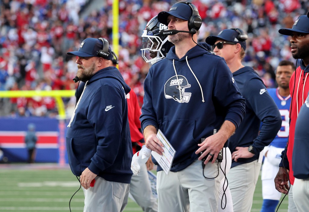 San Francisco 49ers Vs. New York Giants at MetLife Stadium: New York Giants defensive coordinator Shane Bowen and Brian Daboll of the New York Giants on the sideline during the fourth quarter.