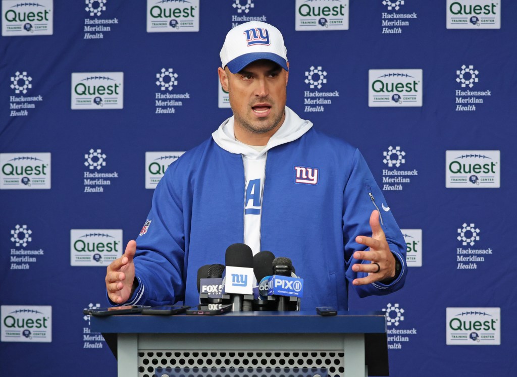 New York Giants interim head coach Mike Kafka speaking to the media before practice at the New York Giants training facility in East Rutherford, New Jersey.