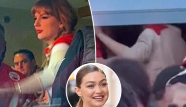 Taylor Swift wears cashmere polo from Gigi Hadid’s Guest in Residence at Chiefs vs. Colts game