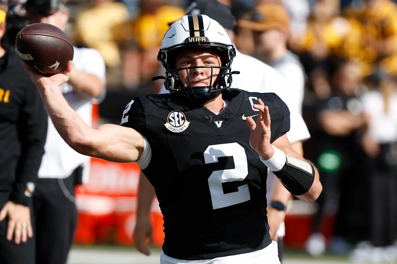 NASHVILLE, TN - OCTOBER 25: Vanderbilt Commodores quarterback Diego Pavia #2 throws a pass during pregame warmups prior to a game between the Vanderbilt Commodores and Missouri Tigers, October 25, 2025 at FirstBank Stadium in Nashville, Tennessee. (Photo by Matthew Maxey/Icon Sportswire via Getty Images)