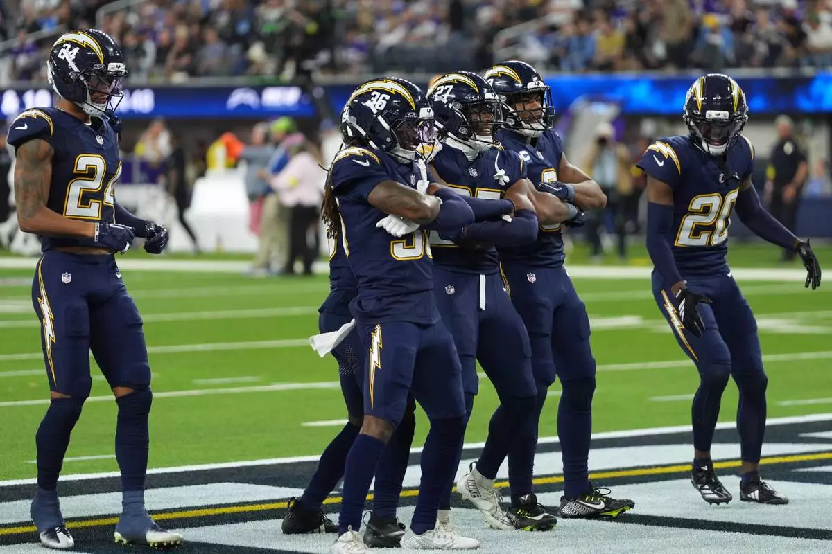 Los Angeles Chargers safety R.J. Mickens (27) celebrates with teammates after intercepting a pass during the second half of an NFL football game against the Minnesota Vikings Thursday, Oct. 23, 2025, in Inglewood, Calif. (AP Photo/Gregory Bull)