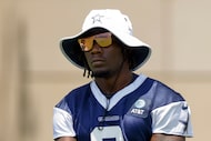 Dallas Cowboys linebacker DeMarvion Overshown watches an OTA practice at The Star, Thursday,...