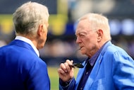 Dallas Cowboys owner Jerry Jones (right) visits with Los Angeles Rams owner Stan Kroenke...
