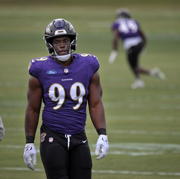 Ravens linebacker Carl Lawson works out during practice at Under Armour Performance Center. (Kenneth K. Lam/Staff)