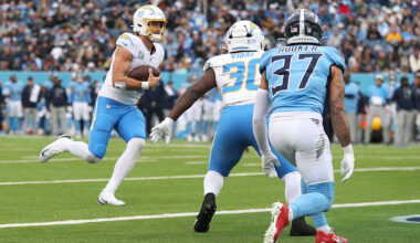 NASHVILLE, TENNESSEE - NOVEMBER 02: Justin Herbert #10 of the Los Angeles Chargers runs for a touchdown during the fourth quarter against the Tennessee Titans in the game at Nissan Stadium on November 02, 2025 in Nashville, Tennessee. (Photo by Justin Ford/Getty Images)