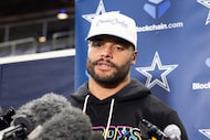 Dallas Cowboys quarterback Dak Prescott (4) speaks to the press about Marshawn Kneeland...