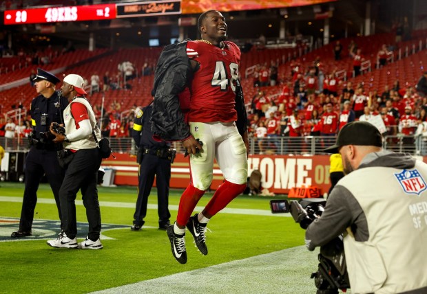 San Francisco 49ers' Tatum Bethune (48) leaves the field after their 20-10 win over the Atlanta Falcons at Levi's Stadium in Santa Clara, Calif., on Sunday, Oct. 19, 2025. (Nhat V. Meyer/Bay Area News Group)