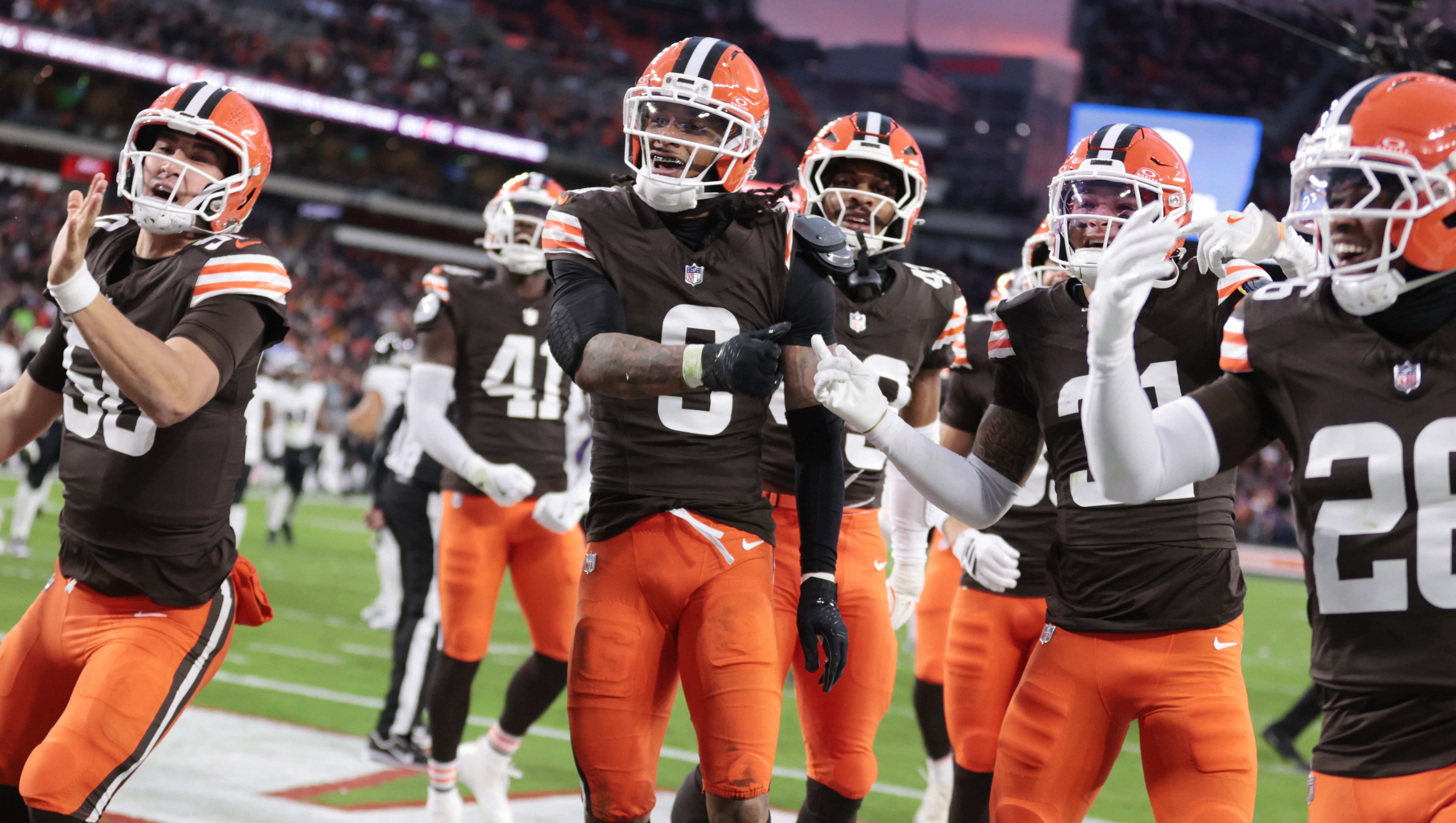 Cleveland Browns safety Grant Delpit (C) celebrates his fumble recovery on a Baltimore Ravens kick off with the kicking team in the first half.  