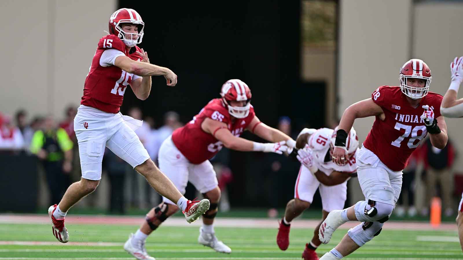 USA; Indiana Hoosiers quarterback Fernando Mendoza (15) throws a pass during the second half against the Wisconsin Badgers at Memorial Stadium. 