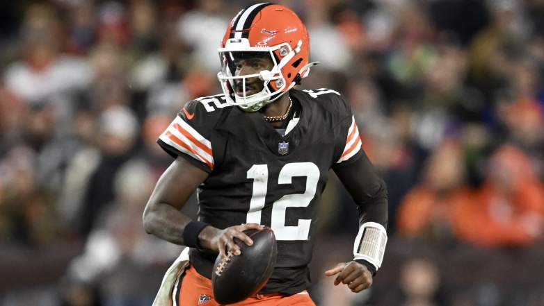 CLEVELAND, OHIO - NOVEMBER 16: Shedeur Sanders #12 of the Cleveland Browns scrambles with the ball against the Baltimore Ravens during the fourth quarter at Huntington Bank Field on November 16, 2025 in Cleveland, Ohio. (Photo by Nick Cammett/Getty Images)