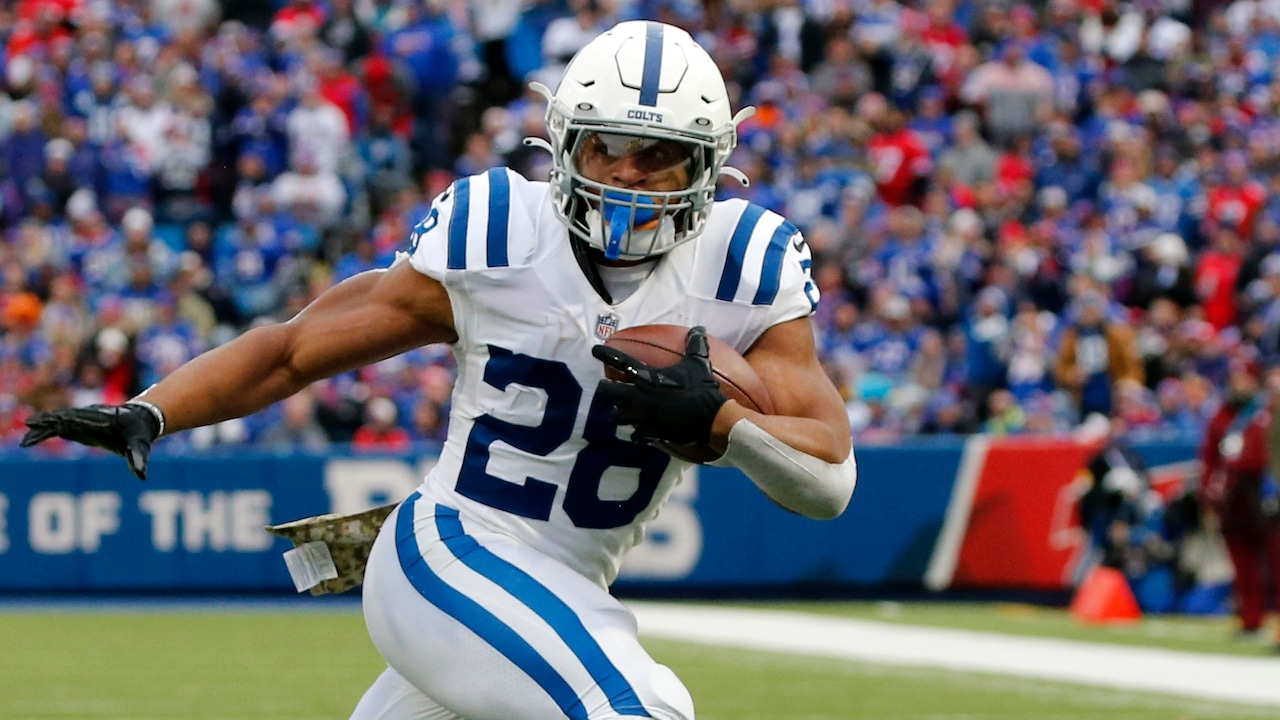 Indianapolis Colts running back Jonathan Taylor (28) plays during the first half of an NFL football game against the Buffalo Bills in Orchard Park, N.Y., Sunday, Nov. 21, 2021.