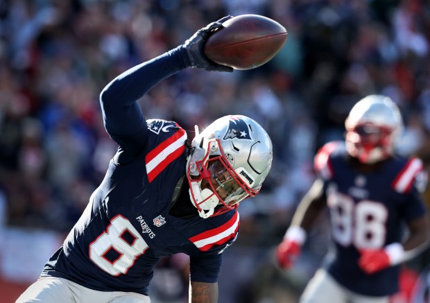 New England Patriots wide receiver Stefon Diggs celebrates his touchdown during the third quarter of an Oct. 26 game at Gillette Stadium. (Nancy Lane/Boston Herald)