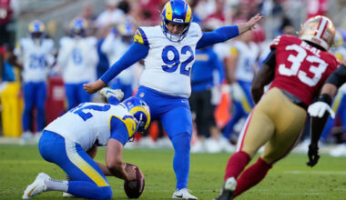 Los Angeles Rams kicker Harrison Mevis (92) kicks an extra point from the hold of Ethan Evans, left, during the second half of an NFL football game against the San Francisco 49ers in Santa Clara, Calif., Sunday, Nov. 9, 2025. (AP Photo/Godofredo A. V&aacute;squez)