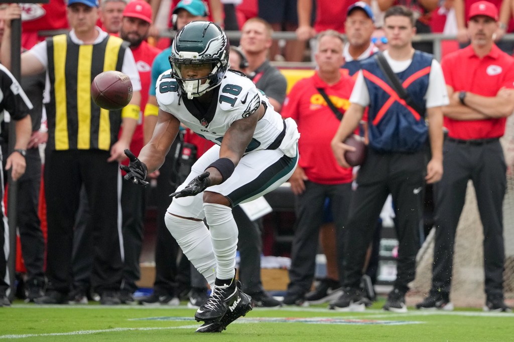 Philadelphia Eagles wide receiver John Metchie III (18) makes a reception against the Kansas City Chiefs during the first quarter of the game at GEHA Field at Arrowhead Stadium.