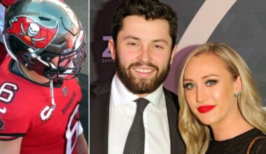 Left: Baker Mayfield before the Tampa Bay Buccaneers’ game against the New Orleans Saints on Dec. 31, 2023. Right: Mayfield and his wife, Emily, attend the 32nd FN Achievement Awards in New York City on Dec. 4, 2018.