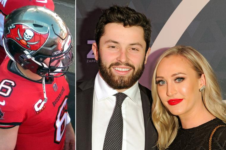 Left: Baker Mayfield before the Tampa Bay Buccaneers’ game against the New Orleans Saints on Dec. 31, 2023. Right: Mayfield and his wife, Emily, attend the 32nd FN Achievement Awards in New York City on Dec. 4, 2018.