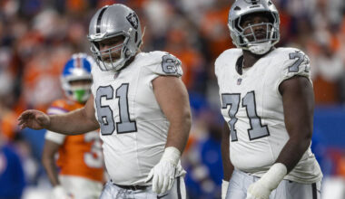 Raiders offensive tackle DJ Glaze (71) and guard Jordan Meredith (61) react to the team coming ...