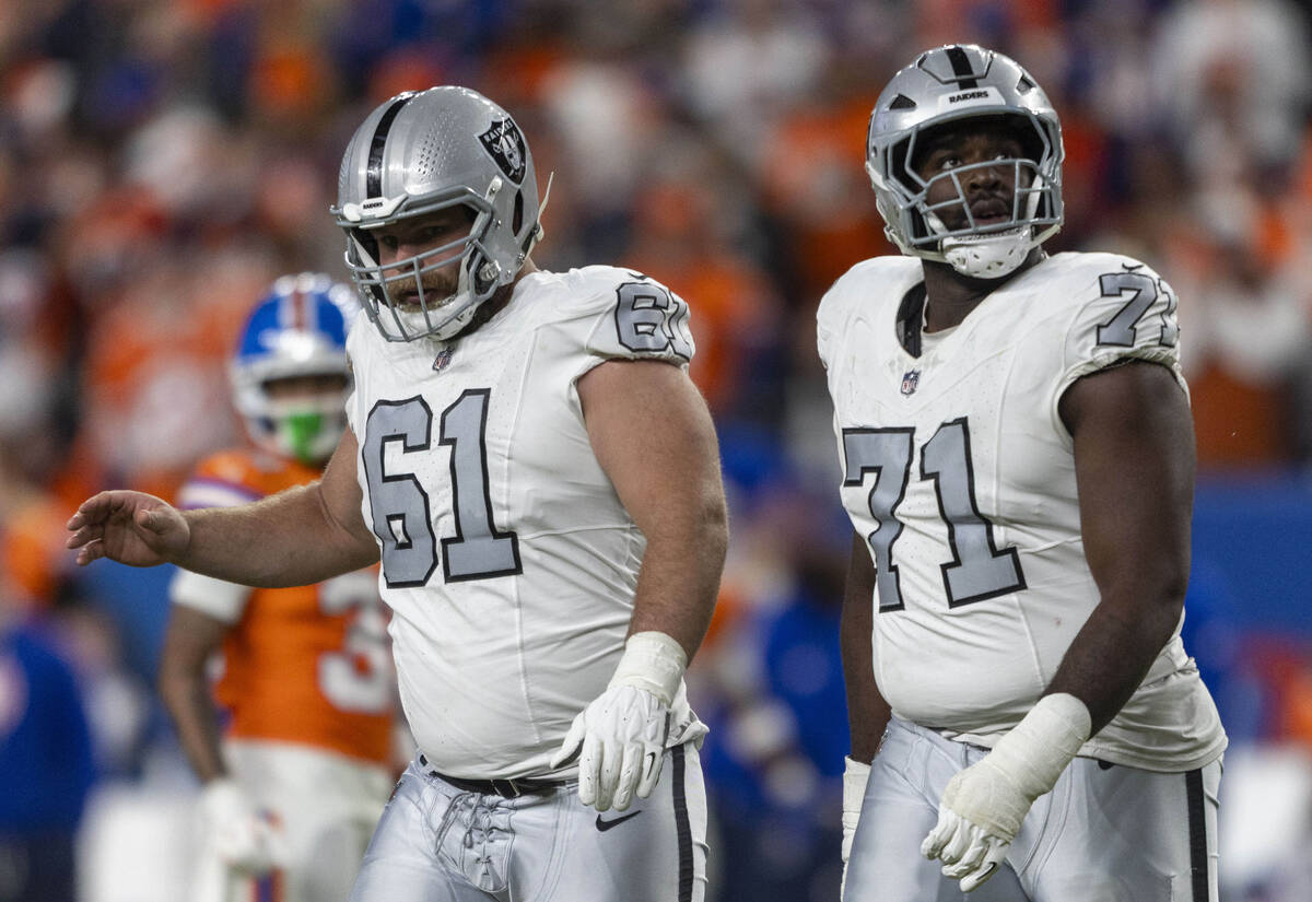 Raiders offensive tackle DJ Glaze (71) and guard Jordan Meredith (61) react to the team coming ...