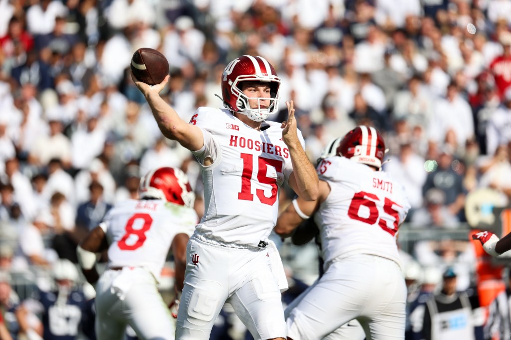 Fernando Mendoza #15 of the Indiana Hoosiers passes the ball during the second quarter against the Penn State Nittany Lions at Beaver Stadium on November 8, 2025 in State College, Pennsylvania. 
