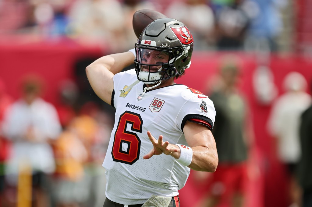 TAMPA, FLORIDA - NOVEMBER 09: Baker Mayfield #6 of the Tampa Bay Buccaneers warms up prior to the game against the New England Patriots at Raymond James Stadium on November 09, 2025 in Tampa, Florida. (Photo by Mike Carlson/Getty Images)