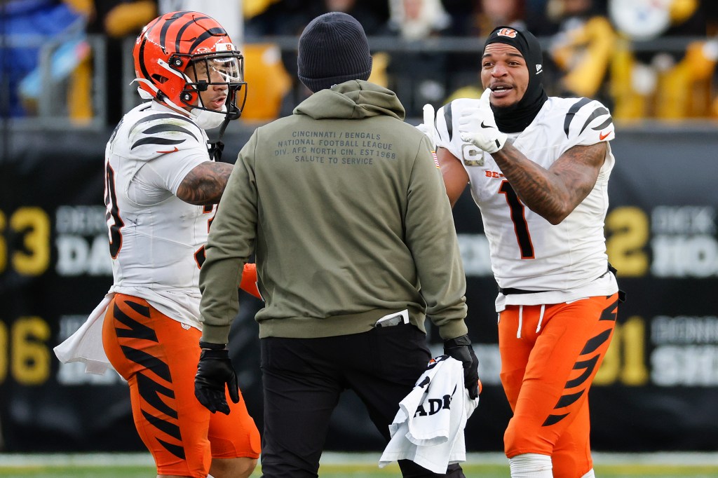 Ja'Marr Chase #1 of the Cincinnati Bengals reacts during the second half against the Pittsburgh Steelers at Acrisure Stadium on November 16, 2025 in Pittsburgh, Pennsylvania.