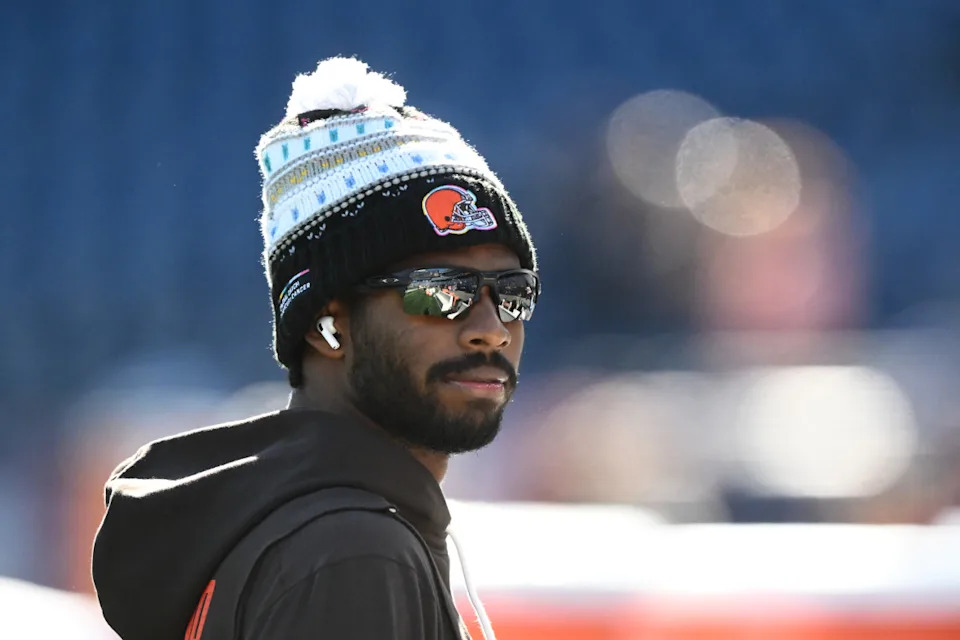 Oct 26, 2025; Foxborough, Massachusetts, USA; Cleveland Browns quarterback Shedeur Sanders (12) looks on during warm up prior to the game against the New England Patriots at Gillette Stadium. Mandatory Credit: Brian Fluharty-Imagn Images