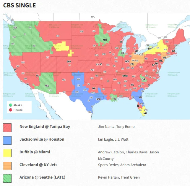 Week 10 NFL TV map, 2025 season.