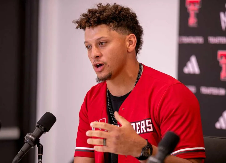 Texas Tech alum and Kansas City Chiefs quarterback Patrick Mahomes attends a press conference.© Nathan Giese &sol; USA TODAY NETWORK via Imagn Images