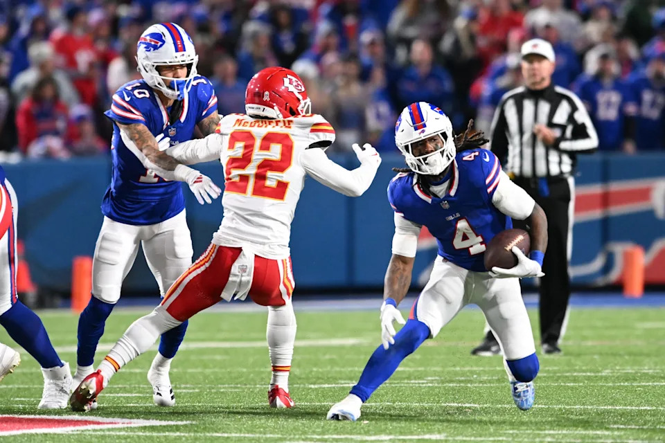 Nov 2, 2025; Orchard Park, New York, USA; Buffalo Bills running back James Cook III (4) runs with the ball in the second half against the Kansas City Chiefs at Highmark Stadium. Mandatory Credit: Mark Konezny-Imagn Images