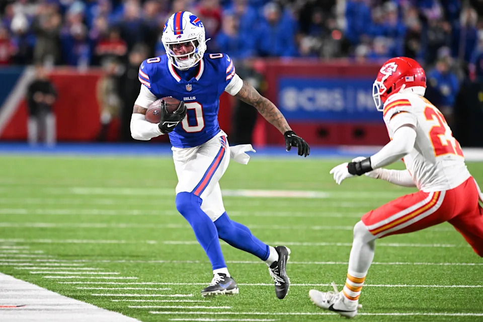 Nov 2, 2025; Orchard Park, New York, USA; Buffalo Bills wide receiver Keon Coleman (0) runs with the ball in the second half against the Kansas City Chiefs at Highmark Stadium. Mandatory Credit: Mark Konezny-Imagn Images