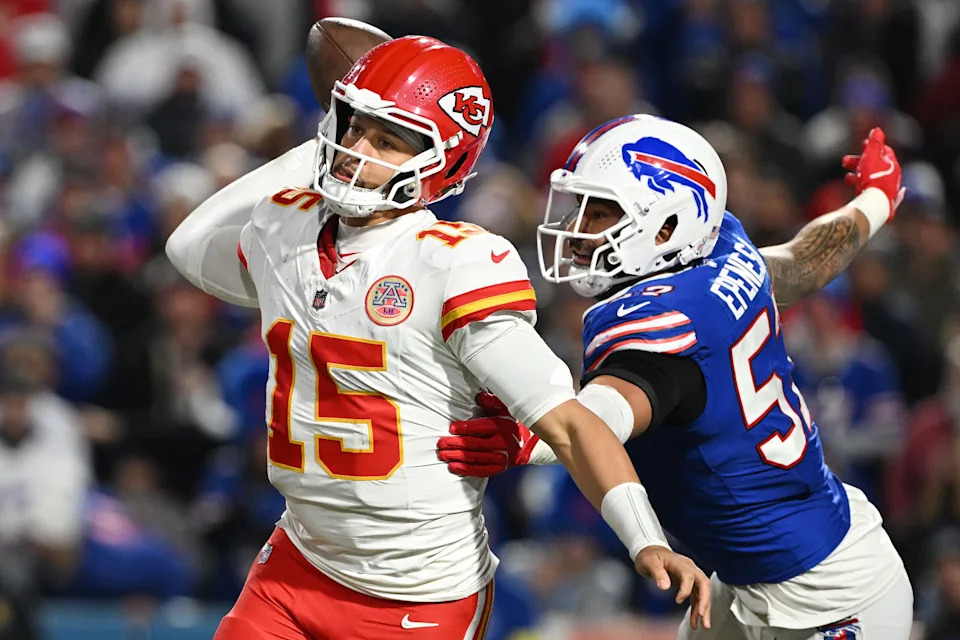 ORCHARD PARK, NEW YORK - NOVEMBER 02: Patrick Mahomes #15 of the Kansas City Chiefs looks to pass as A.J. Epenesa #57 of the Buffalo Bills defends during the fourth quarter in the game at Highmark Stadium on November 02, 2025 in Orchard Park, New York. (Photo by Jason Miller/Getty Images)