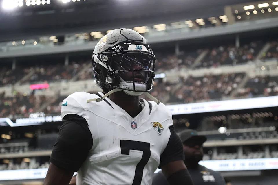 LAS VEGAS, NEVADA - NOVEMBER 02: Brian Thomas Jr. #7 of the Jacksonville Jaguars looks on in the game against the Las Vegas Raiders at Allegiant Stadium on November 02, 2025 in Las Vegas, Nevada. (Photo by Ian Maule/Getty Images)