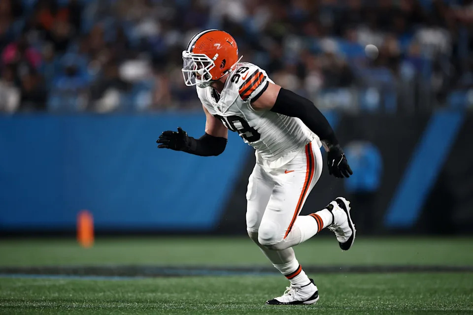 CHARLOTTE, NORTH CAROLINA - AUGUST 08: Defensive end Cameron Thomas #99 of the Cleveland Browns rushes the play in the second half during the NFL Preseason 2025 game against the Carolina Panthers at Bank of America Stadium on August 08, 2025 in Charlotte, North Carolina. (Photo by Jared C. Tilton/Getty Images)