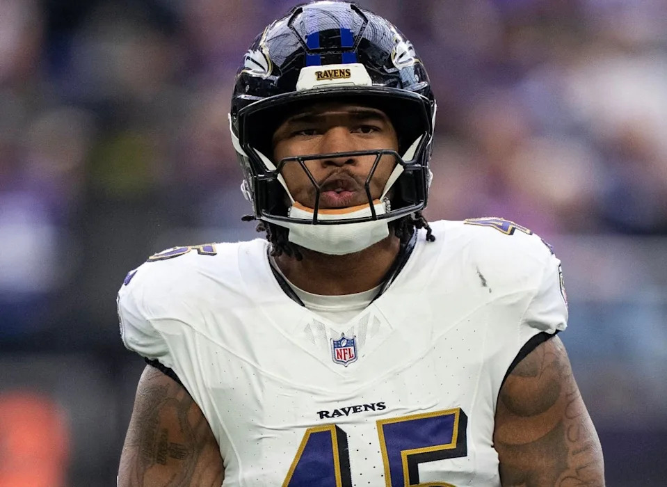 MINNEAPOLIS, MINNESOTA - NOVEMBER 9: Mike Green #45 of the Baltimore Ravens reacts after making a tackle during an NFL football game against the Minnesota Vikings at U.S. Bank Stadium on November 09, 2025 in Minneapolis, Minnesota. (Photo by Michael Owens/Getty Images)