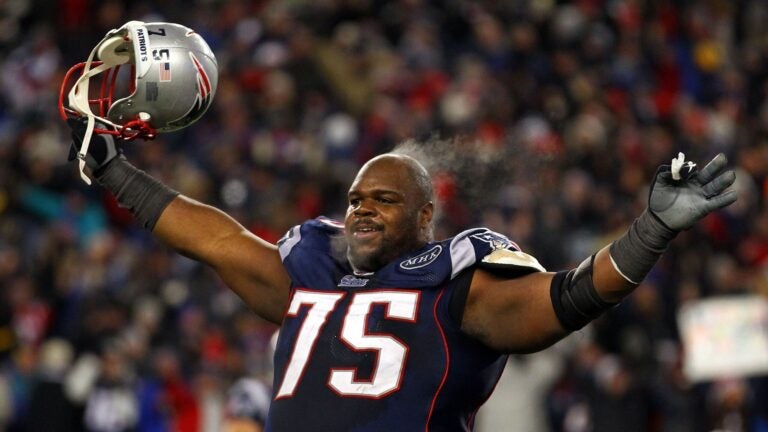 Vince Wilfork #75 of the New England Patriots celebrates after defeating the Baltimore Ravens in the AFC Championship Game at Gillette Stadium on January 22, 2012 in Foxboro, Massachusetts. The New England Patriots defeated the Baltimore Ravens 20-23.