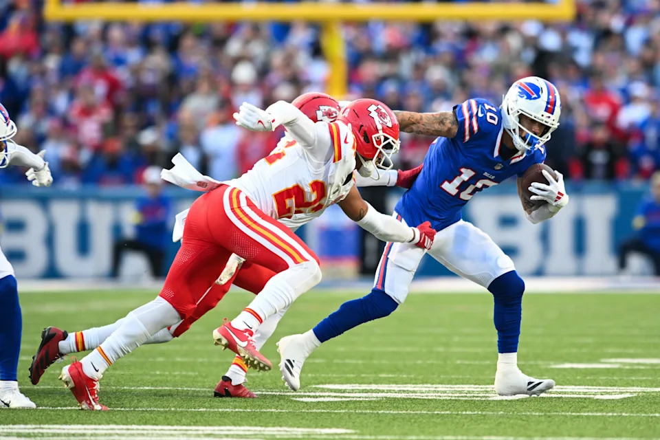 Nov 2, 2025; Orchard Park, New York, USA; Buffalo Bills wide receiver Khalil Shakir (10) runs with the ball in the first quarter against the Kansas City Chiefs at Highmark Stadium. Mandatory Credit: Mark Konezny-Imagn Images