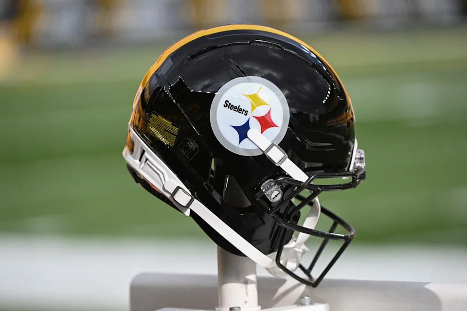 Nov 16, 2025; Pittsburgh, Pennsylvania, USA; A Pittsburgh Steelers helmet before a game against the Cincinnati Bengals at Acrisure Stadium. Mandatory Credit: Barry Reeger-Imagn Images