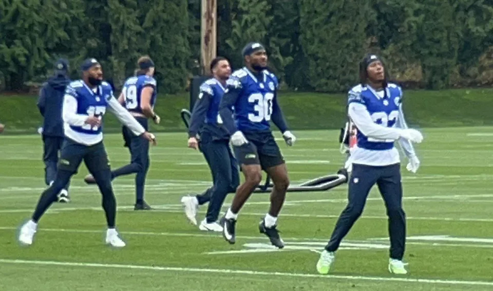 New running back Cam Akers (30) begins his first practice with the Seahawks after the former Los Angeles Rams lead back and Minnesota Viking to begin the 2025 season signed with Seattle earlier in the day Wednesday, Nov. 26, 2025, at the Virginia Mason Athletic Center in Renton.