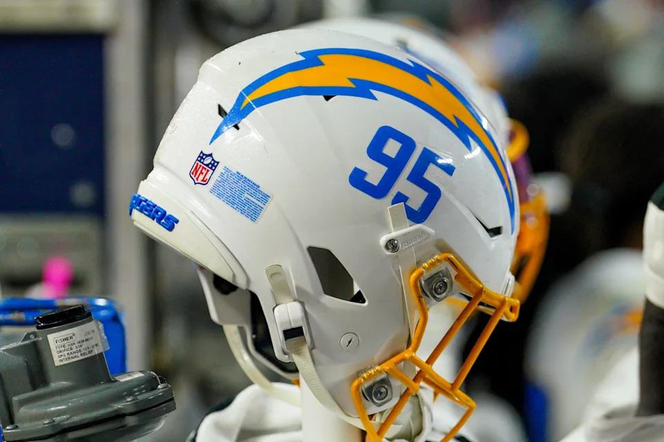 A general view of a Los Angeles Chargers helmet.